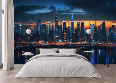 Illuminated futuristic cityscape with vibrant night lights and sleek architecture Wall mural