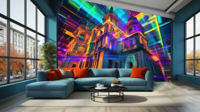 Illuminated historic building enhanced by vibrant abstract light patterns and futuristic technological elements Wall mural