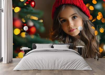 In the Christmas atmosphere, the girl wears a Christmas hat, and the soft lights reflect the warmth. Wall mural