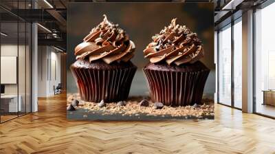 Indulgent chocolate cupcakes adorned with rich frosting swirls and colorful sprinkles, an irresistible treat for dessert lovers Wall mural