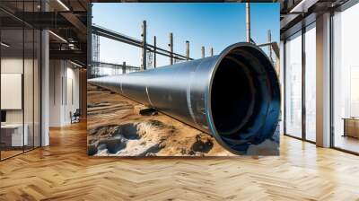 Industrial plumbing infrastructure with large black pipes at a construction site featuring unfinished buildings Wall mural