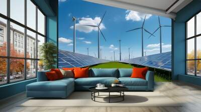 Innovative energy storage solution combining wind turbines and solar panels, showcasing a commitment to sustainable power generation. Wall mural