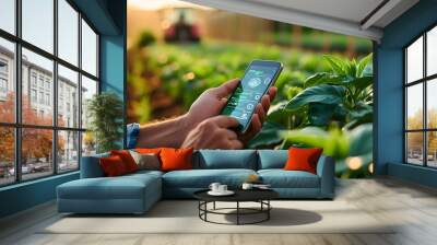 Innovative farmer utilizing smartphone technology for plant care and sustainable agriculture in a vision for the future Wall mural