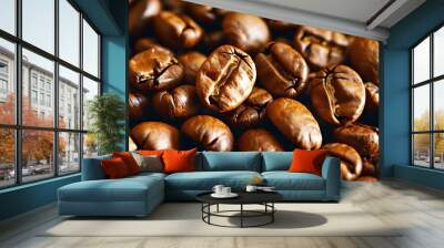 Intensely roasted coffee beans with dark brown hues and textured surfaces embodying energy, aroma, and the rich essence of caffeine. Wall mural