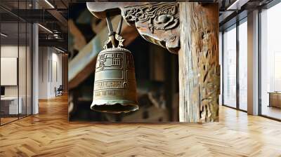 Intricate engraved brass bell hanging from wooden structure, symbolizing historic landmarks and rich cultural heritage in traditional architecture Wall mural