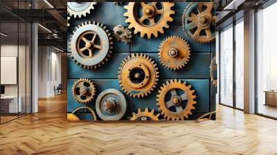 Intricate Gear Wall Design Featuring Interlocking Mechanisms and Industrial Aesthetics Wall mural