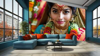 Intricate henna designs and vibrant sari of a young Indian bride Wall mural