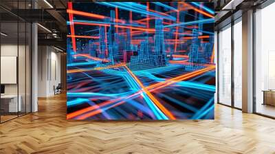 Intricate Neon Blue Wireframe Cityscape Hologram Against a Void Background Wall mural