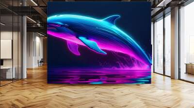 Intricate Neon Line Art of a Dolphin Leaping Through Water Wall mural