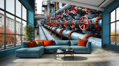 Intricate Network of Pipes and Valves in an Oil Refinery Setting Wall mural