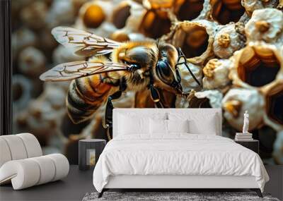 Intricate Portrait of a Honey Bee Crafting a Honeycomb Hive Wall mural