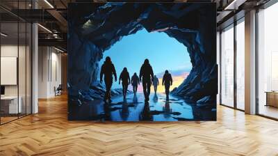 Journey Towards Hope: A Group Walking Through a Dark Tunnel into Bright Light, Symbolizing New Beginnings in a Mysterious Futuristic Setting at Dusk Wall mural