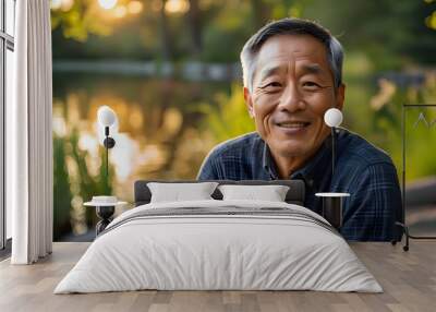 Joyful Asian American man in his 50s radiating happiness while enjoying a serene moment at a beautiful natural park by a lake, exuding confidence and relaxation Wall mural