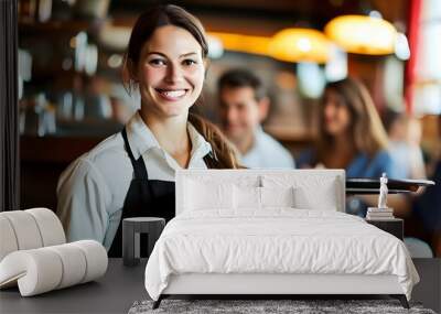 Joyful Caucasian waitress serving delicious dishes to delighted customers in a vibrant restaurant setting Wall mural