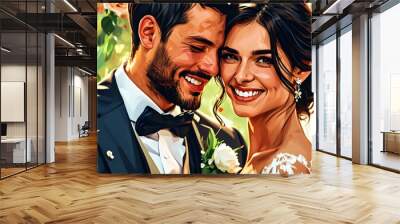 Joyful celebration of love between the bride and groom in a charming wedding illustration Wall mural