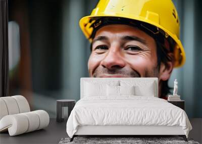 Joyful construction worker proudly wearing a yellow helmet Wall mural