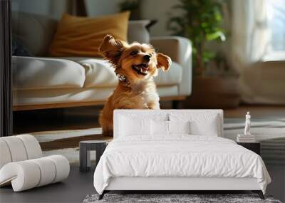 Joyful dog leaps for treat in sunlit living room, radiating excitement and playfulness Wall mural