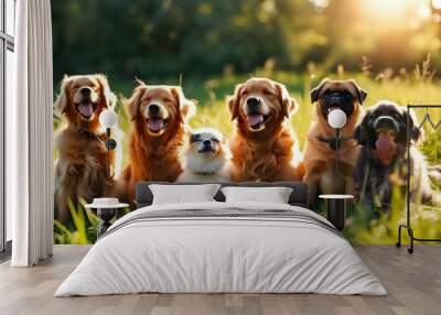 Joyful dogs basking in a sunny field of grass, celebrating outdoor adventures and companionship Wall mural