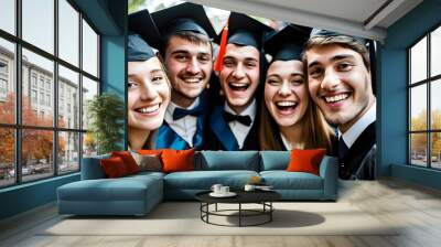 Joyful graduates in caps and gowns capturing celebratory selfies after graduation ceremony Wall mural