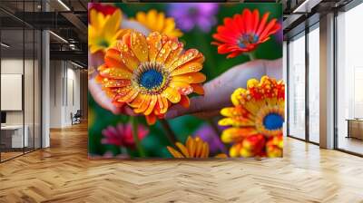 Joyful hands embracing vibrant gerbera flowers amidst a colorful field, celebrating the beauty of nature in springtime blooms Wall mural