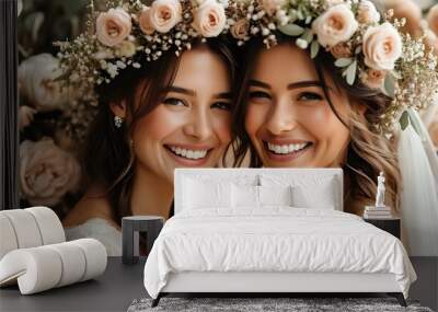 Joyful moment between two brides adorned with floral wreaths, beaming smiles surrounded by soft roses in a heartwarming setting Wall mural