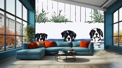 Joyful moments of a child splashing in a backyard swimming pool with a playful dog by their side Wall mural