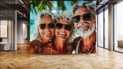 Joyful moments of a mature couple enjoying love and togetherness on a sun-kissed tropical beach Wall mural