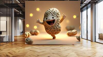 Joyful peanut characters dancing in vibrant colors with bright lighting in a hyper-realistic graphic design illustration Wall mural