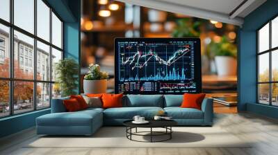 Laptop displaying market chart for financial analysis, emphasizing investment strategies and trading success in business and finance decisions. Wall mural