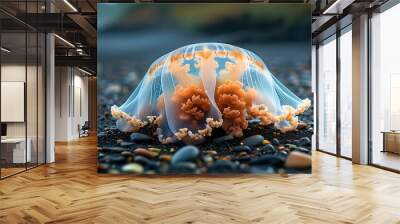 Lifeless Nomad Jellyfish resting on shadowy sand and pebble shore with its translucent bell facing upwards Wall mural