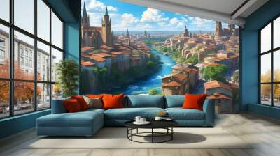 Lively ancient city scene thriving with activity alongside a serene river beneath bright blue skies Wall mural