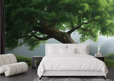 lush green landscape featuring a majestic tree in a serene natural setting Wall mural