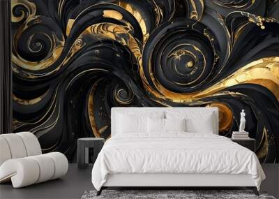 Luxurious abstract swirling pattern in black and gold with intricate details, perfect for backgrounds and design elements Wall mural