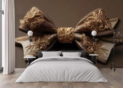 Luxurious brown and gold bow featuring exquisite intricate designs Wall mural