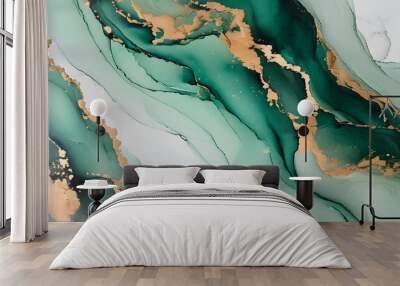 Luxurious light green and gold abstract marble texture with fluid swirls and painted splashes for sophisticated backgrounds and banners Wall mural