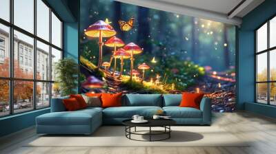 Magical forest trail illuminated by radiant mushrooms and fluttering butterflies in a whimsical landscape Wall mural