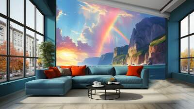 Majestic coastal cliffs adorned by a vibrant rainbow over a tranquil sea beneath a brilliant sky Wall mural