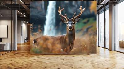 Majestic deer in serene natural setting with cascading waterfall in the background Wall mural