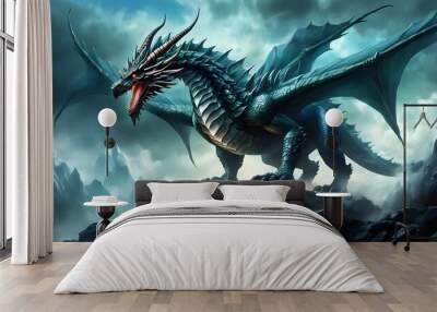 Majestic dragon perched on a rocky mountain peak beneath a dramatic dark sky Wall mural