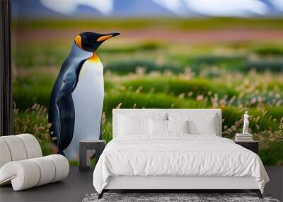 Majestic king penguin perched on summer grass under a clear blue sky Wall mural