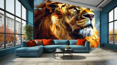 Majestic lions face radiating strength and pride in a vibrant, photorealistic illustration Wall mural