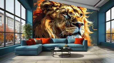 Majestic lions face radiating strength and pride in a vibrant, photorealistic illustration Wall mural