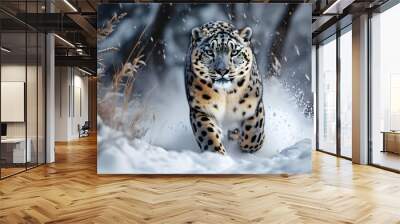 Majestic snow leopard navigating effortlessly through a pristine snowy landscape in captivating wildlife photography Wall mural