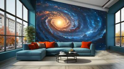 Majestic spiraling galaxy adorned with glowing stars and cosmic dust in a breathtaking celestial display of the universe Wall mural