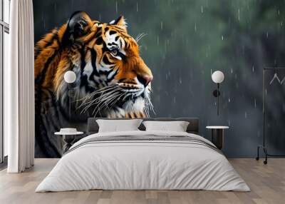 Majestic tiger navigating through a rain-soaked jungle Wall mural