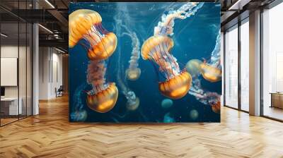 Mesmerizing jellyfish gliding gracefully in a vast underwater tank Wall mural