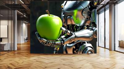 Metallic robot delicately cradles a shiny green apple, blending technology and nature in a captivating display of contrast and care. Wall mural