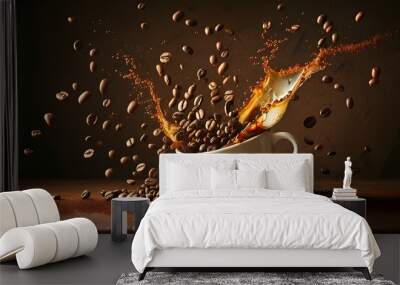 Midair spectacle of coffee beans cascading into a cup, showcasing dynamic motion and rich texture against a dark backdrop in a captivating still life composition Wall mural