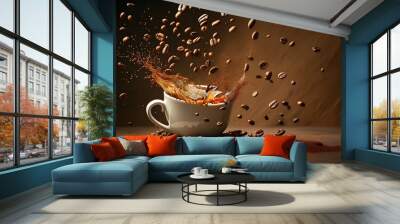 Midair spectacle of coffee beans cascading into a cup, showcasing dynamic motion and rich texture against a dark backdrop in a captivating still life composition Wall mural