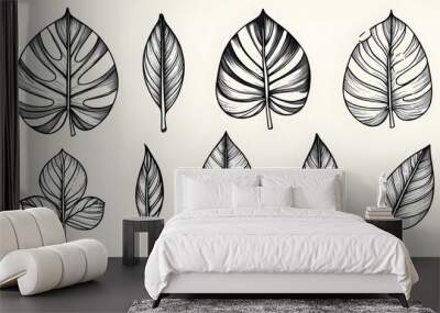 Minimalist black and white hand-drawn leaf illustration embodying nature, botany, and environmental themes as a design element Wall mural